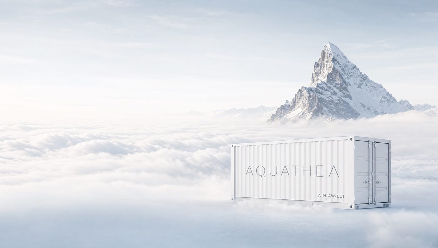 Un conteneur Water Hub AQUATHEA blanc posé sur une mer de nuages, un sommet alpin en arrière-plan