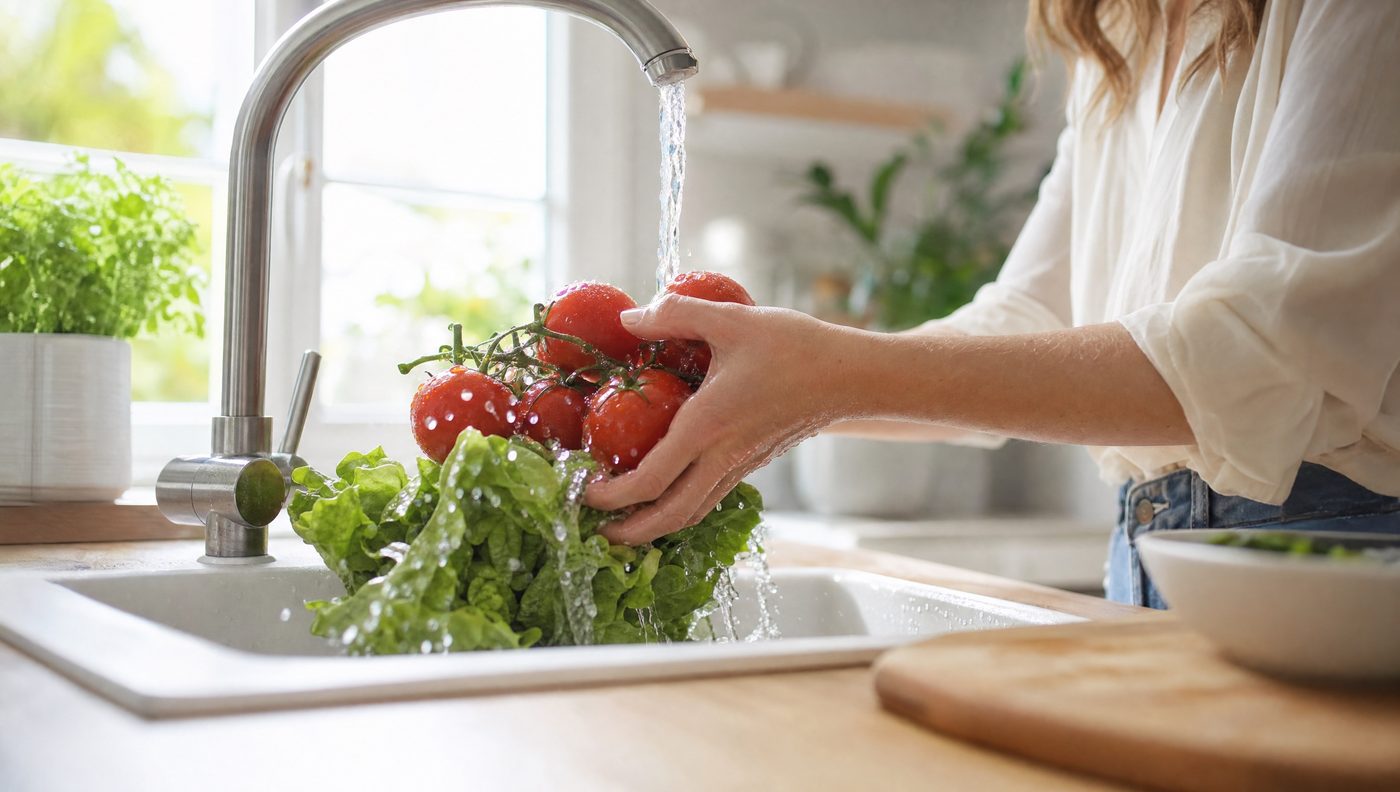 Des légumes frais rincés sous l'eau courante dans une cuisine lumineuse